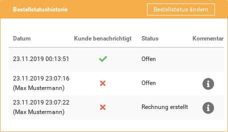 BestellstatushistorieBestellstatus ändern Datum Kunde benachrichtigt Status Kommentar