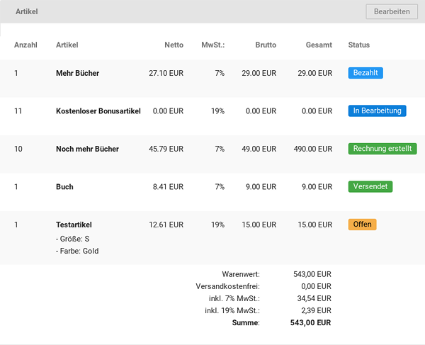 Tabelle mit den Spalten: Anzahl Artikel Artikel-Nr. Netto MwSt.: Brutto Gesamt Status,in der letzten Spalte steht jeweils der Status: Offen, Bezahlt, In Bearbeitung, Rechnung erstellt, Versendet