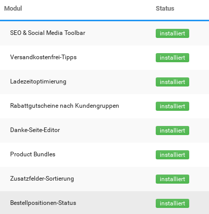 SEO & Social Media Toolbarinstalliert Versandkostenfrei-Tippsinstalliert Ladezeitoptimierunginstalliert Rabattgutscheine nach Kundengruppeninstalliert Danke-Seite-Editorinstalliert Product Bundlesinstalliert Zusatzfelder-Sortierunginstalliert Bestellpositionen-Statusinstalliert
