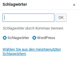 Schlagwörter: Schlagwörter durch Kommas trennen.Schlagwörter, WordPress