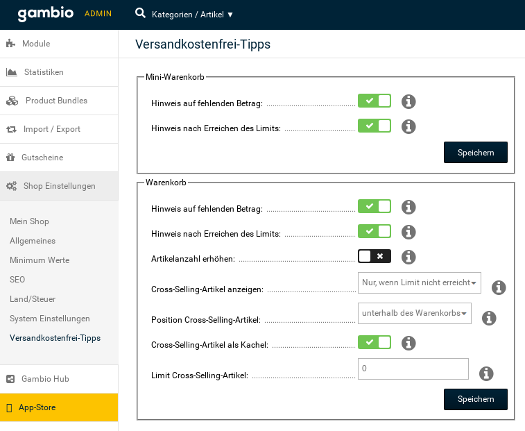 Screenshot Versandkostenfrei-Tipps Konfiguration im Gambio-Admin