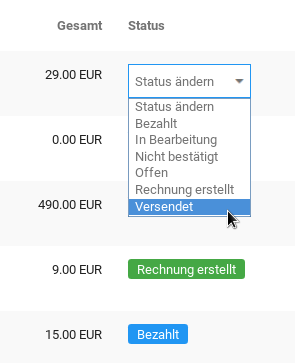 Gesamt, Status, Auswahlfeld "Status ändern" mit Mauszeiger auf "Versendet"