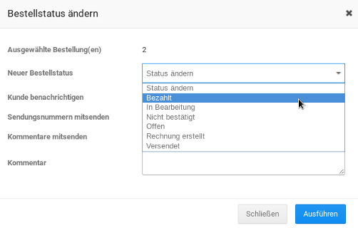 Modal Bestellstatus ändern in Gambio