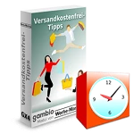Softwarebox Versandkostenfrei-Tipps für Gambio mit Wecker im Vordergrund