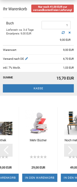 Mobilansicht Gambio-Warenkorb mit Cross-Selling-Artikeln unterhalb des Kasse-Buttons