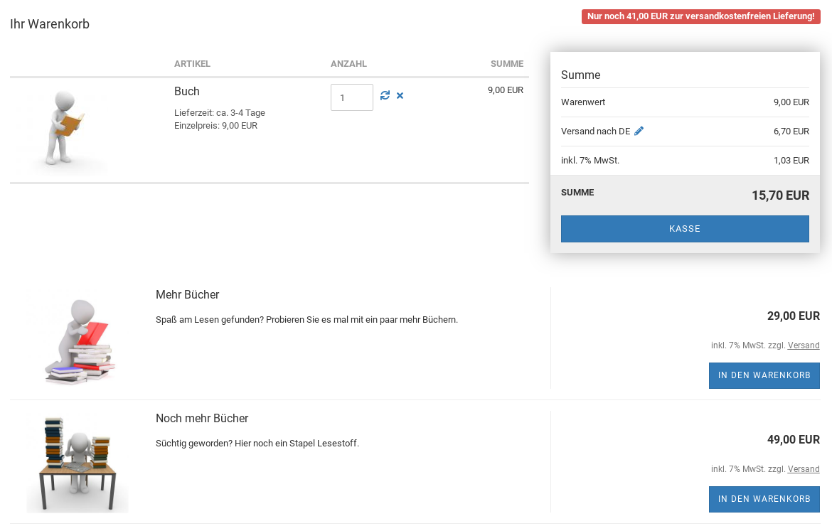 Screenshot Gambio-Warenkorb mit 2 Cross-Selling-Artikeln, je einer pro Zeile, unterhalb des Warenorbs