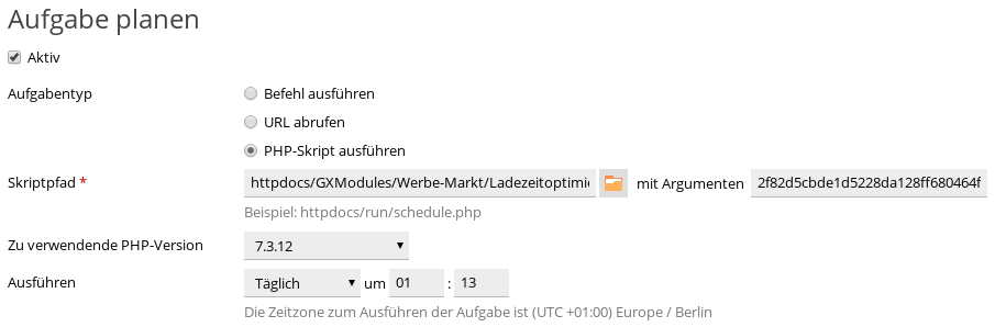 Plesk Aufgabe planen: Skriptpfad httpdocs/GXModules/Werbe-Markt/Ladezeitoptimierung/WebP.php mit Argumenten 2f82d5cbde1d5228da128ff680464f49