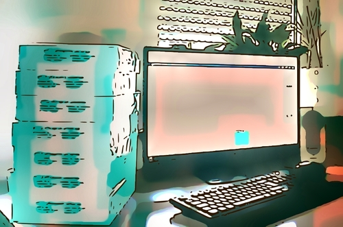 Hoher Stapel Druckerpapier neben einem PC-Monitor im Cartoonstil