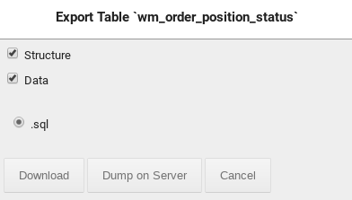 Export Table `wm_order_position_status` Structure Data .sql ausgewählt und Download-Button