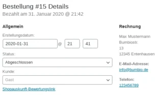 Bestellung #15 Details, Bezahlt am 31. Januar 2020 @ 21:42, Status: abgeschlossen, Kunde: Gast, Shopauskunft-Bewertungslink