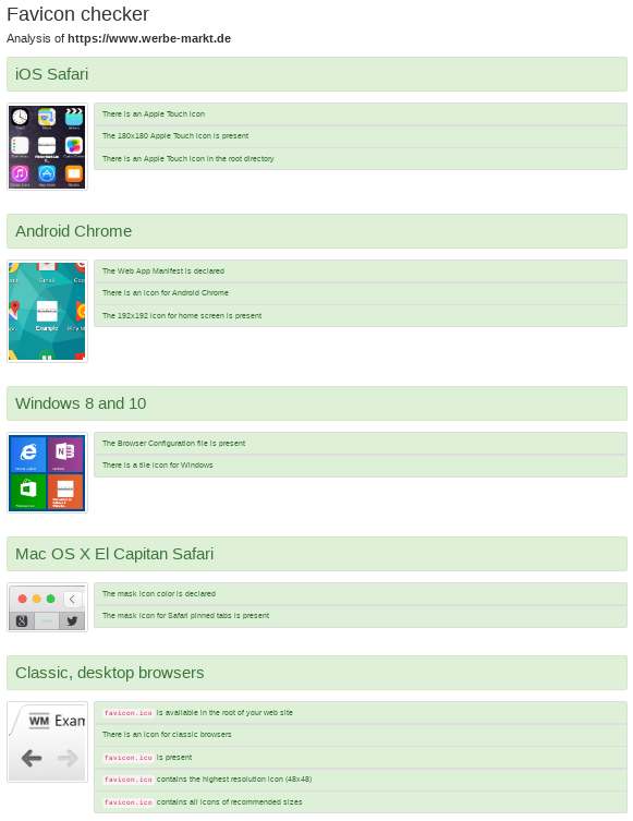 Favicon checker Analysis of https://www.werbe-markt.de - grün hinterlegte Analysepunkte