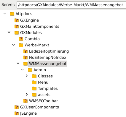 Server: /httpdocs/GXModules/Werbe-Markt/WMMassenangebot (Screenshot aus FileZilla)