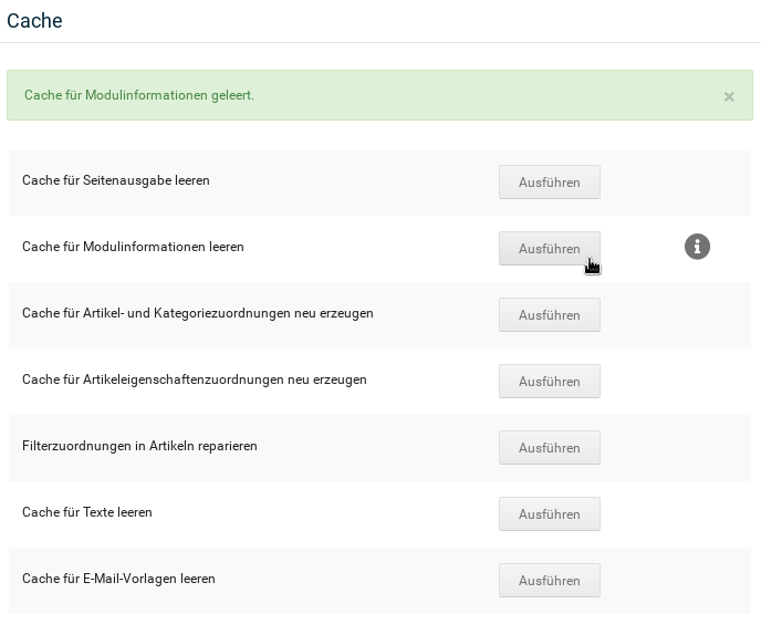 Cache für Modulinformationen leeren - Mauszeiger auf Ausführen-Button