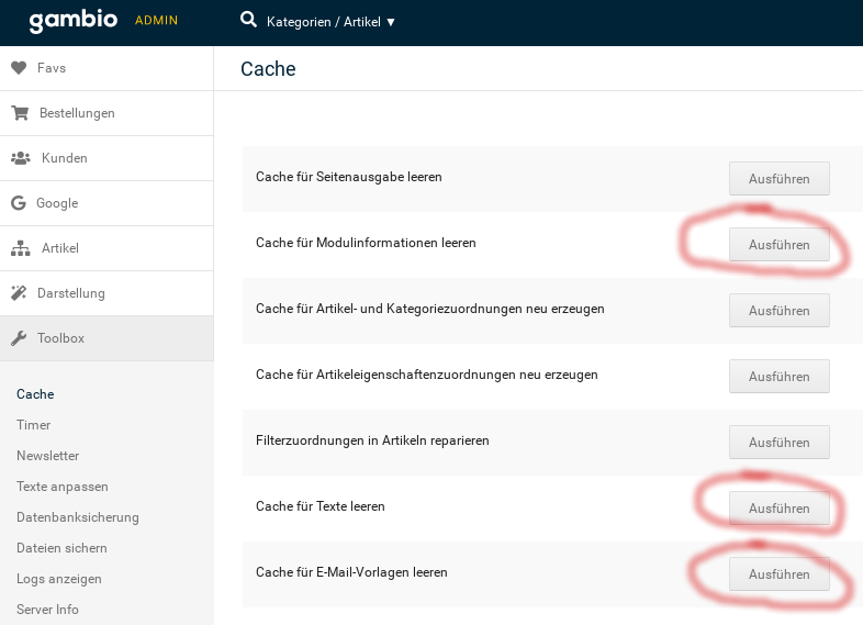 Cache für Modulinformationen, Texte & E-Mail-Vorlagen leeren