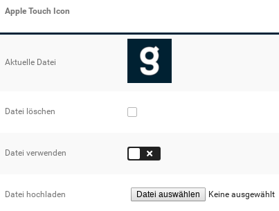 Apple Touch Icon: Anzeige Aktuelle Datei, Option Datei löschen, Option Datei verwenden, Durchsuchen-Feld Datei hochladen