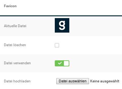 Favicon: Anzeige Aktuelle Datei, Option Datei löschen, Option Datei verwenden, Durchsuchen-Feld Datei hochladen