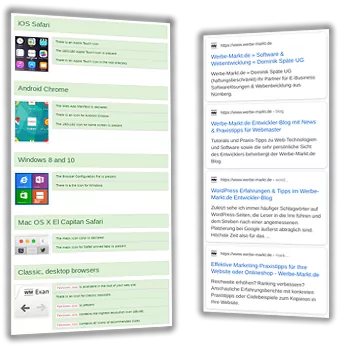 Screenshot jeweils grün hinterlegte Bereich: iOS Safari, Android Chrome, Windows 8 and 10, Mac OS X El Capitan Safari, Classic, desktop browsers, rechts: Screenshot Suchergebnisseite mit Favicons