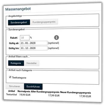 Massenangebot Formular und Ergebnistabelle