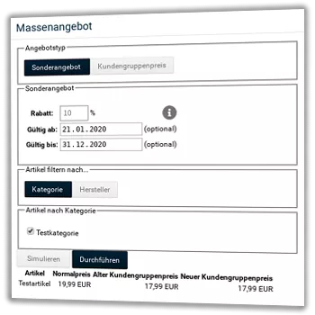 Massenangebot Formular und Ergebnistabelle