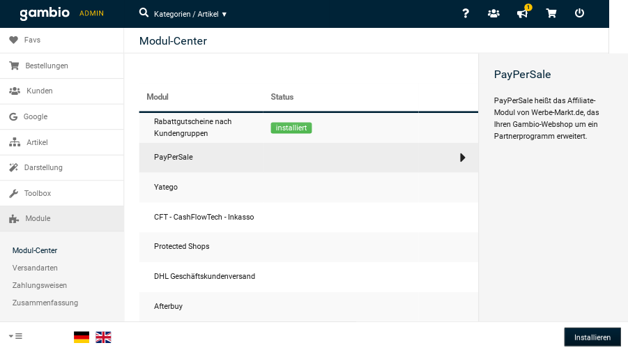 Modul-Center PayPerSale installieren