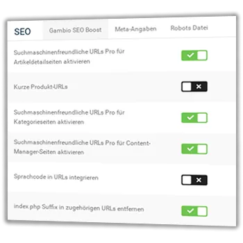 Gambio SEO Boost Optionen mit Kontrollkästchen