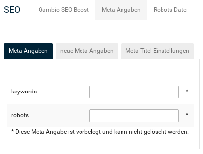 Aktivierter Reiter Gambio Meta-Angaben: Leere Eingabefelder für keywords und robots