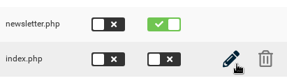 index.php gefolgt von 2 deaktivierten Kontrollkästchen und Mauszeiger auf einem Stiftsymbol