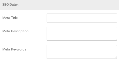 SEO Daten: Meta Title, Meta Description, Meta Keywords jeweils mit leeren Eingabefeldern