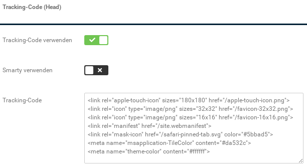 Tracking-Code (Head): Tracking-Code verwenden: ja, Smarty verwenden: nein, Tracking-Code in Texteingabefeld