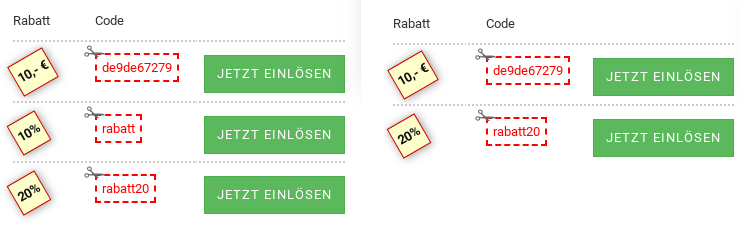 Link einlösbare Rabattgutscheine 10 €, 10%, 20%, rechts nur 10 € und 20%