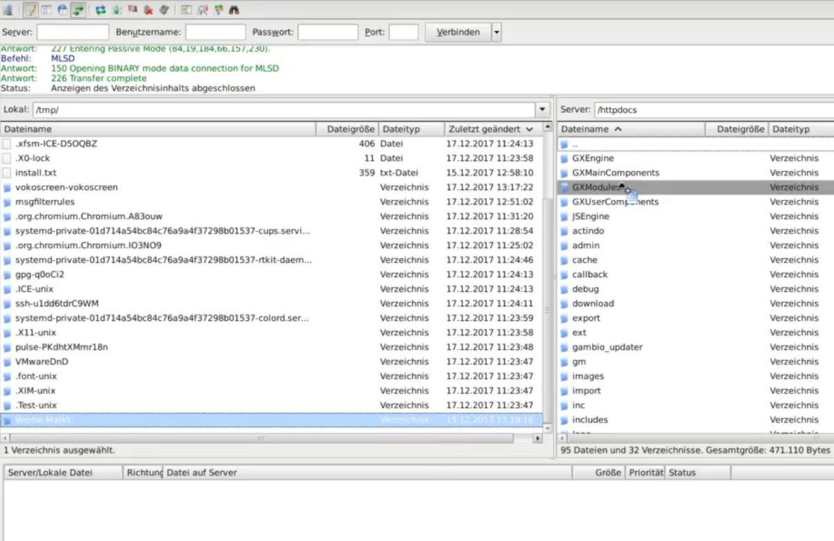 Verzeichnis Werbe-Markt mit dem Mauszeiger in FileZilla nach GXModules gezogen