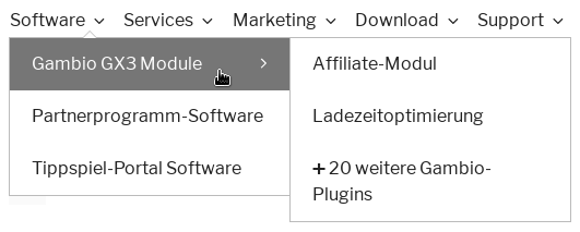 Software, Services, Marketing, Download, Support. Software aufgeklappt, Mauszeiger auf Gambio GX3 Module, wiederum aufgeklappt: Affiliate-Modul Ladezeitoptimierung ➕ 20 weitere Gambio-Plugins