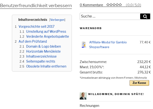 Teil der Überschrift und Inhaltsverzeichnis links, 0 Kommentare, Suchefeld, Warenkorb und User-Menü rechts in der Seitenspalte