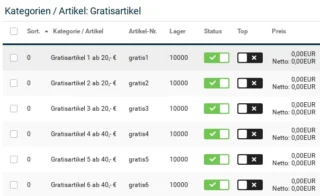 Kategorien / Artikel: Gratisartikel, Tabelle mit 6 Gratisartikeln