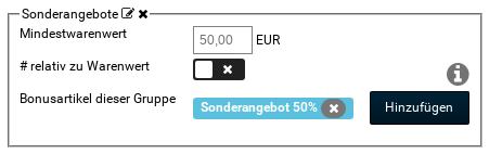 Bonusartikelgruppe Sonderangebote: Mindestwarenwert: 50,00 EUR, Bonusartikel dieser Gruppe: Sonderangebot 50%