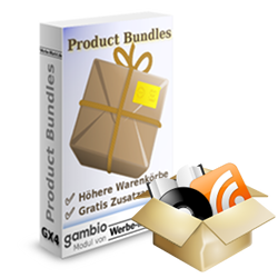 Product Bundles Softwarebox. Im Vordergrund: Ein offenes Paket gefüllt mit Ramsch.