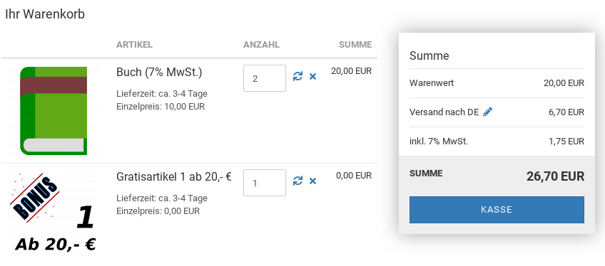 Ihr Warenkorb: 2x Buch für 20,- EUR, 1x Gratisartikel 1 ab 20,- € für 0,00 EUR