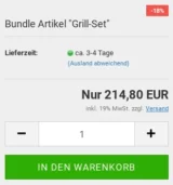 Preisbox Bundle Artikel "Grill-Set" mit Sonderpreis-Ribbon und Warenkorb-Button