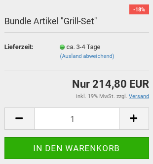 Preisbox Bundle Artikel "Grill-Set" mit Sonderpreis-Ribbon und Warenkorb-Button