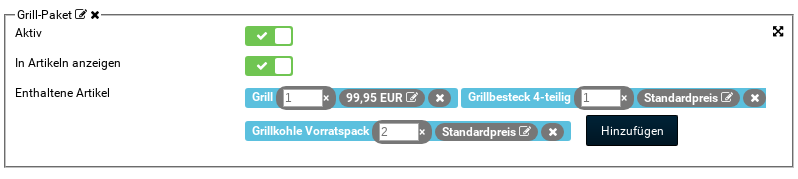 Grill-Paket, Aktiv: ja, In Artikeln anzeigen: ja, Enthaltene Artikel: Grill 1× 99,95 EUR, Grillbesteck 4-teilig 1× Standardpreis, Grillkohle Vorratspack 2× Standardpreis 