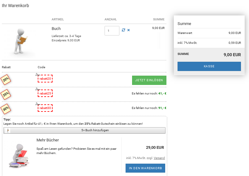 Screenshot Warenkorb mit Buch, 3 Gutscheinen, davon 1 einlösbar, Button zur Erhöhung der Artikelanzahl für das Buch und Cross-Selling-Artikel Mehr Bücher