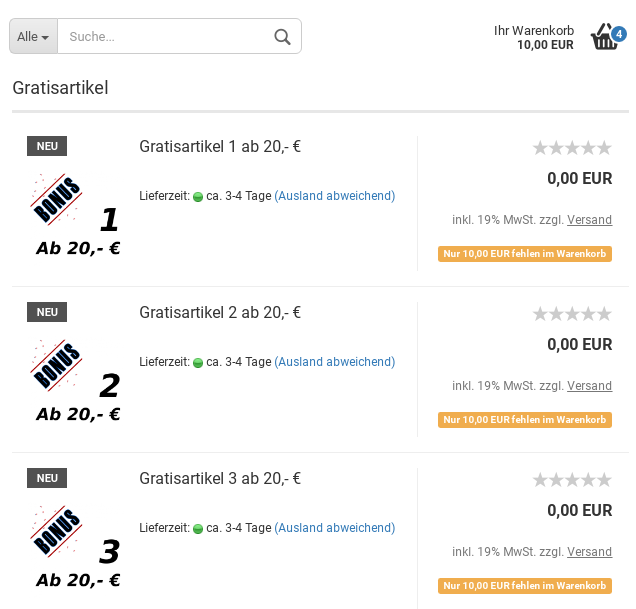 Kategorie Gratisartikel mit 3 Produkten für 0,00 EUR. Statt Warenkorb-Button Hinweistext: Nur 10,00 EUR fehlen im Warenkorb