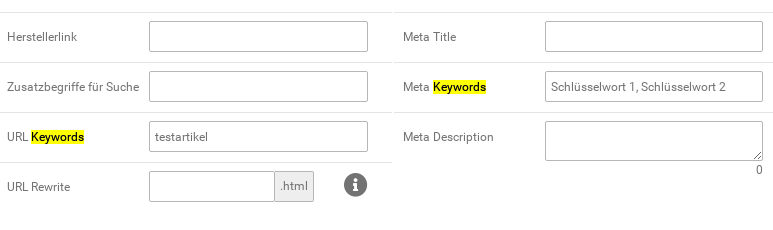 Eingabefelder für URL Keywords und Meta Keywords