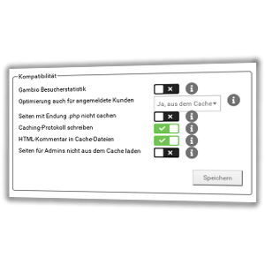 Kompatibilität... Gambio Besucherstatistik: nein, Optimierung auch für angemeldete Kunden: Ja, aus dem Cache, Seiten mit Endung .php nicht cachen: nein, Caching-Protokoll schreiben: ja, HTML-Kommentar in Cache-Dateien: ja, Seiten für Admins nicht aus dem Cache laden: nein