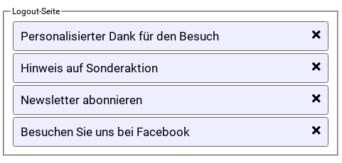 Logout-Seite Personalisierter Dank für den Besuch Hinweis auf Sonderaktion Newsletter abonnieren Besuchen Sie uns bei Facebook Danke-Seite-Editor von Werbe-Markt.de Version 1.1.1