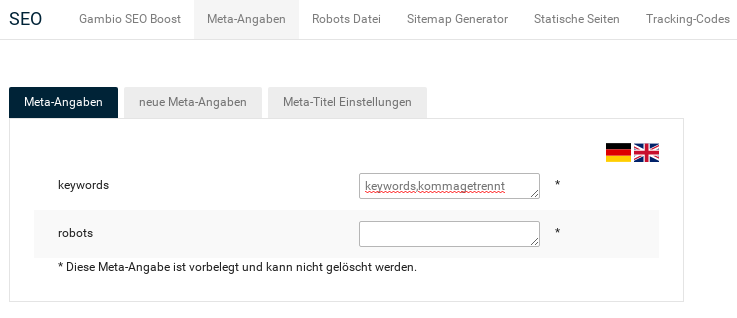 SEO > Meta-Angaben > keywords: keywords,kommagetrennt