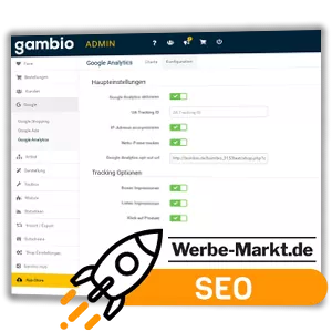 Screenshot Gambio Adminmenü, im Vordergrund eine aufsteigende Rakete, Werbe-Markt.de-Logo und SEO-Schriftzug