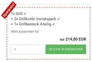 Sparpreis: 1× Grill, 2× Grillkohle Vorratspack, 1× Grillbesteck 4-teilig, Alles zusammen für nur 214,80 EUR 1× in den Warenkorb