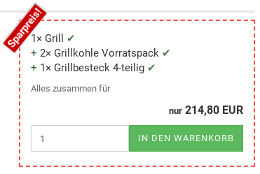 Sparpreis: 1× Grill, 2× Grillkohle Vorratspack, 1× Grillbesteck 4-teilig, Alles zusammen für nur 214,80 EUR 1× in den Warenkorb