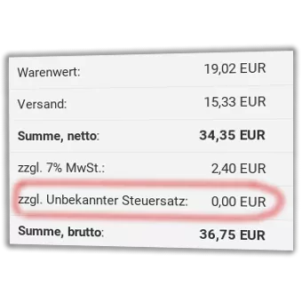 Screenshot Gambio-Warenkorb, "zzgl. Unbekannter Steuersatz: 0,00 EUR" rot markiert